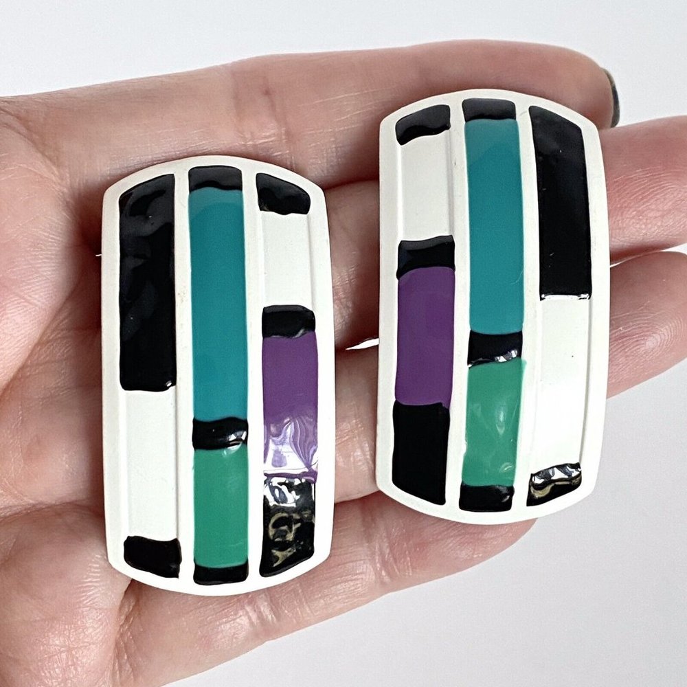 c1980s Vintage White Metal Enamel Pierced Earrings Teal Purple Black 2" Long